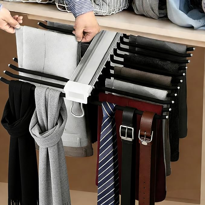 22 Arms Steel Slide Out Pants Rack Closet Pants Hanger Bar Pull Out Trousers Rack Tie Belts Scarf Racks, Top Mounted Wardrobe Clothes Organizers Rail Pull Out Closet Storage Rod-Black