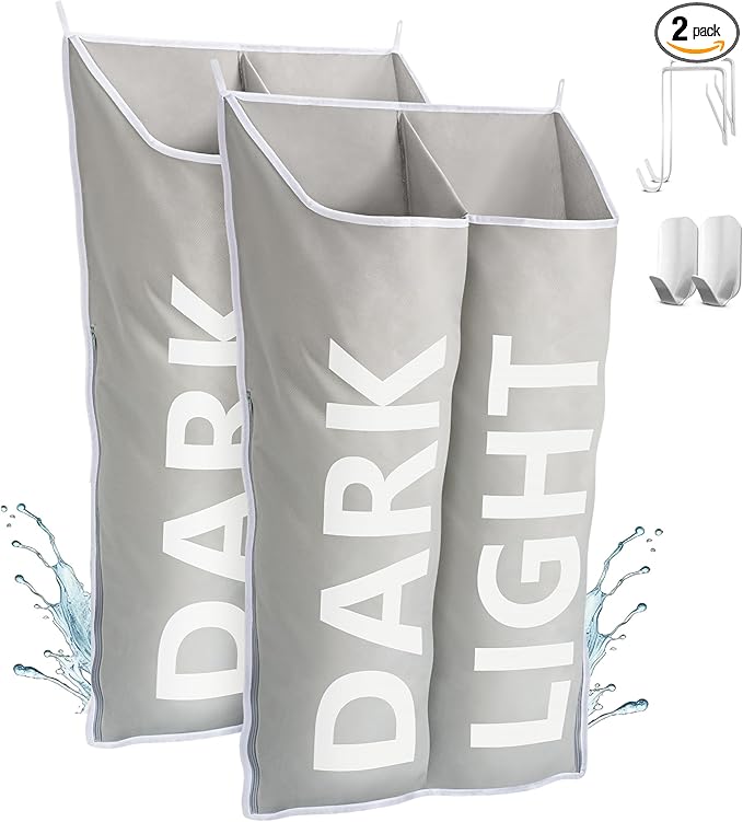 Hanging Laundry Hamper Bag XL, Space Saving over the Door Storage Bags, Behind the Door Hampers for Dirty Clothes & Wall Mounted Basket for Bathroom (Grey -2Pack, Double Compartment)