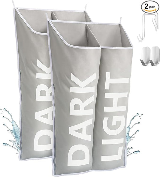 Hanging Laundry Hamper Bag XL, Space Saving over the Door Storage Bags, Behind the Door Hampers for Dirty Clothes & Wall Mounted Basket for Bathroom (Grey -2Pack, Double Compartment)