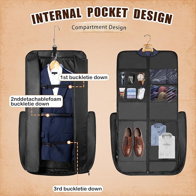 Garment Bag Travel Large Carry On Suit Bag with Strap for Business Hanging Suitcase Luggage Bags for Men Women (Black-Brown)