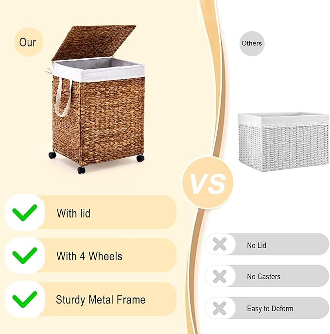 Laundry Hamper with Lid, Large Capacity Woven Natural Water Hyacinth Laundry Sorter with Removable Liners, Rolling or Non-Slip Design for Bedroom (Espresso, 100L)