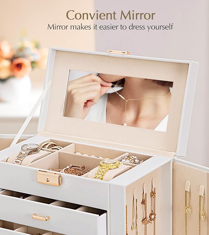 Homde Jewelry Box Large for Women: 6 Layers 5 Drawers Organizer with Mirror for Ring Earring Necklace - Storage Holder with Lock for Dresser (White) - Christmas Gifts