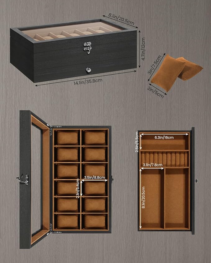 Uten 12-Slot Watch Box, 2-Layers Solid Wood Watch Display Case with Glass Lid, Watch Holder Organizer with Soft Pillow and Velvet Lining, Watch and Jewelry Storage Box