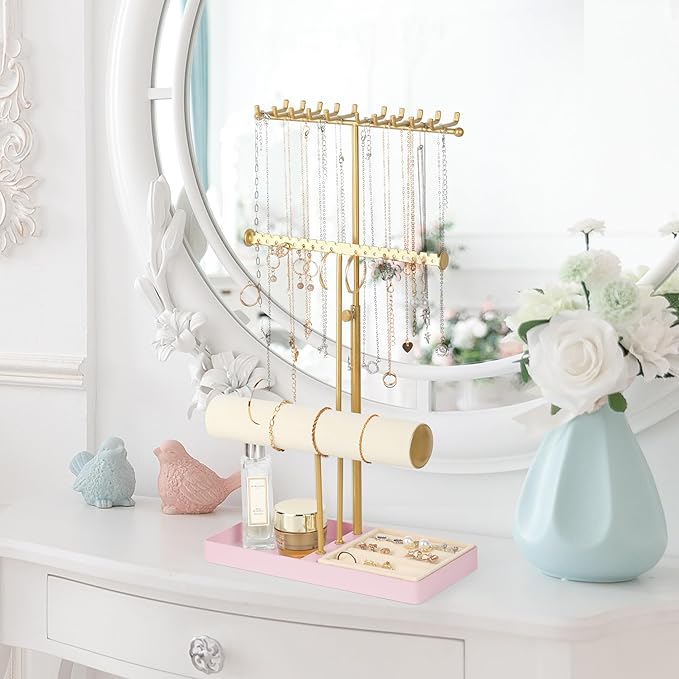 Tirzah 3-Tier Adjustable Gold Jewelry Holder Organizer Stand with 20 Necklace Hooks, 18 Earring Holes and Notches, Bracelet Holder, 6 Ring Rolls, Pink Tray for Girls, Women