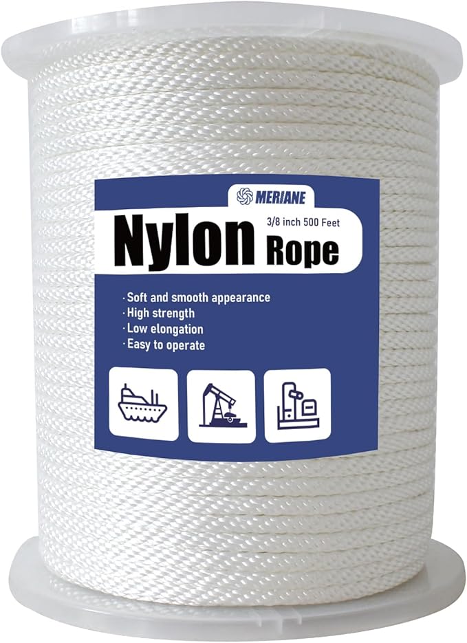 MERIANE Nylon Rope 500 Ft 3/8 Inch – Multipurpose Solid Braided Rope – Ideal Use for Camping, Clothesline, Marine, Flag Line – Abrasion & UV Resistant – Shock Absorption Rope for Indoor Outdoor