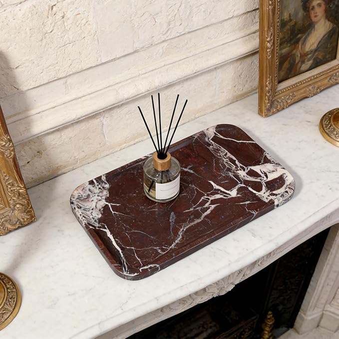 Marble Vanity Tray, Large Stone Bathroom Tray for Countertop, 14'' Rose Red Genuine Marble Decorative Tray for Dresser, Green Kitchen Trays for Counter,Perfume Storage, Non-Resin/Ceramic