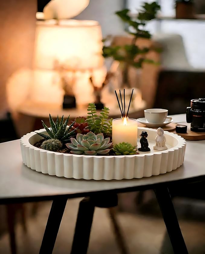 Round Decorative Tray for Coffee Table, Modern Round Coffee Table Tray for Home Decor, Table Centerpieces Serving Tray for Living Room, Office, Dining Room, Kitchen Island（White）