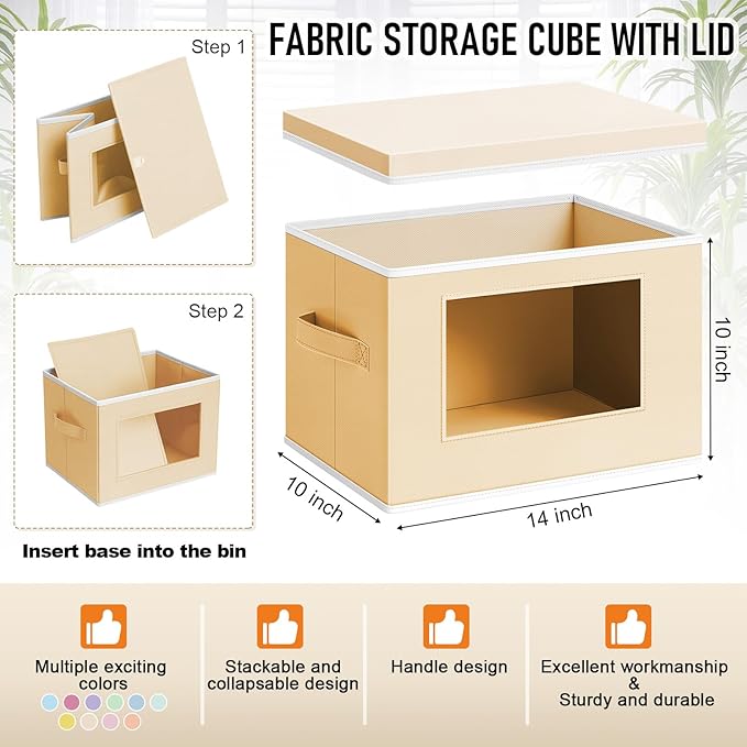 10 Pcs Fabric Storage Bins with Lid 14x10 Inch Stuffed Animal Storage Boxes with Window Handle Collapsible Cube Organizer Basket for Shelves Closet Bedroom Office Clothes Books (Pastel)