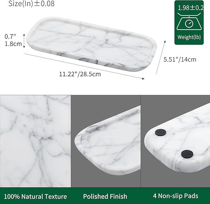 Marmor Real Natural Marble Bathroom Tray for Perfume, Candles, Jewelry Stone Vanity, Bathroom & Kitchen Counter Organizer and Home Decor Statuario White（11.41 * 5.51 * 0.7）