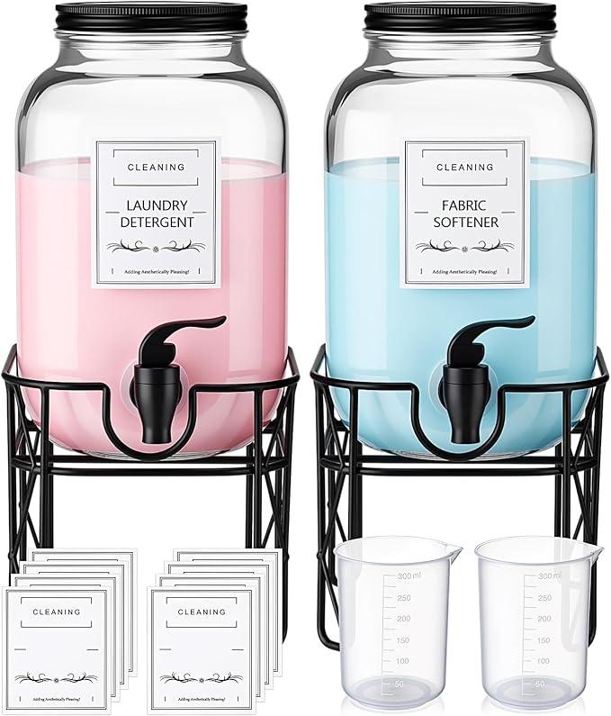 2 Pack 128 oz/ 3.8L Glass Laundry Detergent Dispenser, Liquid Soap Dispenser with Stand, Measuring Cups and Labels, Fabric Softener, Liquid Bleach Container for Laundry Room Organization