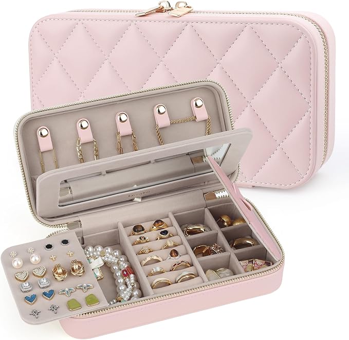 Travel Jewelry Case with Mirror, Quilted Small Jewelry Box Organizer for Women Girls, Portable Earring Necklace Bracelet Ring Holder Storage for Travel, Gifts for Her (Blush Pink)