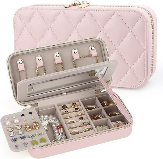 Travel Jewelry Case with Mirror, Quilted Small Jewelry Box Organizer for Women Girls, Portable Earring Necklace Bracelet Ring Holder Storage for Travel, Gifts for Her (Blush Pink)