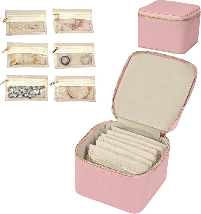 Small Travel Jewelry Box,Travel Jewelry Case with 6pcs Velvet Jewelry Pouches,Portable Jewelry Organizer Travel for Earring Bracelet Ring,Travel Jewelry Case Ideal for Travel & Home Organization