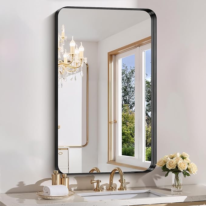 FORBATH 40x24 Inch Bathroom Mirror for Wall, Black Metal Framed Vanity Mirrors for Over Sink, Rounded-Corner Rectangle Mirror for Bedroom Living Room Entryway Hallway, Hangs Horizontal or Vertical