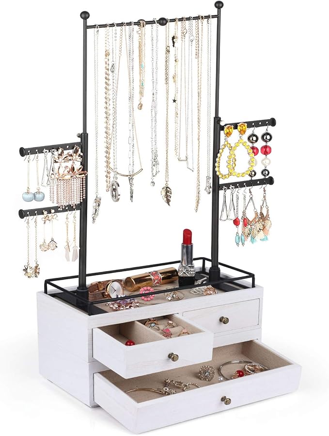 OLAKEE Jewelry Organizer - 2 Layer Wooden Jewelry Drawer Storage Box with 6 Tier Jewelry Tree Stand, Jewelry Display for Necklaces Bracelet Earring Ring (Rustic White)