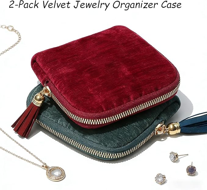 2-Pack Velvet Jewelry Organizer Case - Travel Zipper Pouch with Tassel, 6-Layer Storage for Bracelets, Bangles & Accessories (Red + Navy Blue)