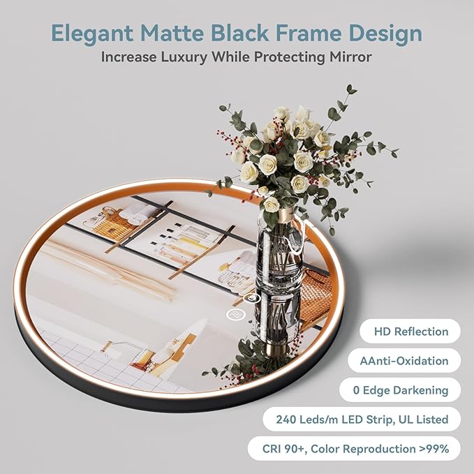 Led Bathroom Mirror with Lights, 30'' Round Heavy Duty Aluminum Frame Bathroom Vanity Mirror with Lights, 3 Colors, Brightness Stepless Dimmable, Anti-Fog, Memory Function, Single LED Orange