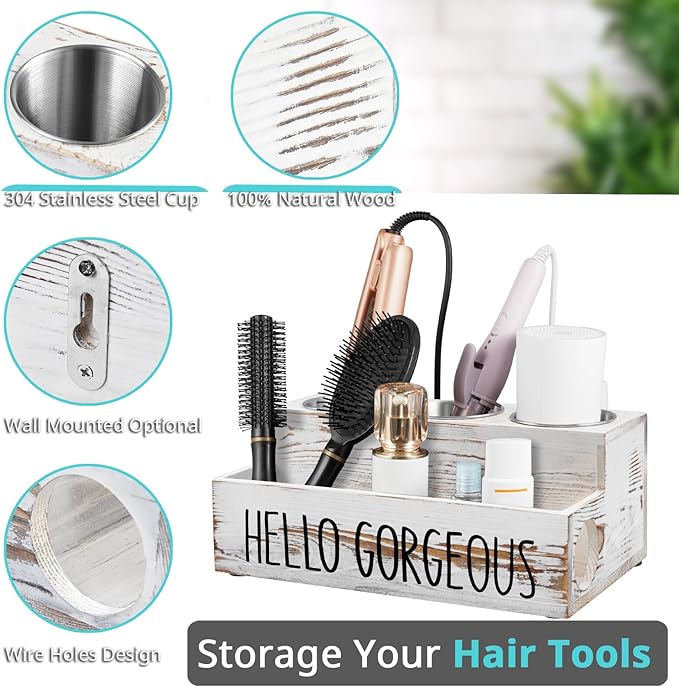 Bivvclaz Hair Tool Organizer, Rustic White Wood Hair Dryer Holder Countertop, Wall Mount Hot Tools Organizer for Hair Styling Accessories, Bathroom Supplies Vanity Caddy for Curling Wand, Blow Dryer
