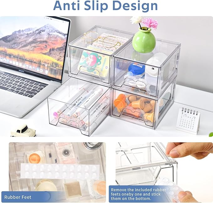 Plastic Drawers Storage, 4 Pack Clear Stackable Storage Drawers, Acrylic Storage Bins with Drawers for Fridge Organizers, Small PlasticDrawers Stackable for Makeup Organizers Cosmetic Display