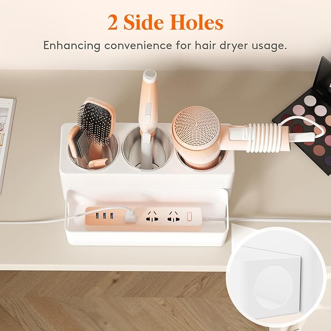 Lifewit Hair Tool Organizer Countertop, Removable Blow Dryer Holder for Bathroom, Acrylic Hot Tools Organizer Storage for Curling Iron, Brush, Straightener, 3 Stainless Cups, White, 30 cm/12 inch(L)