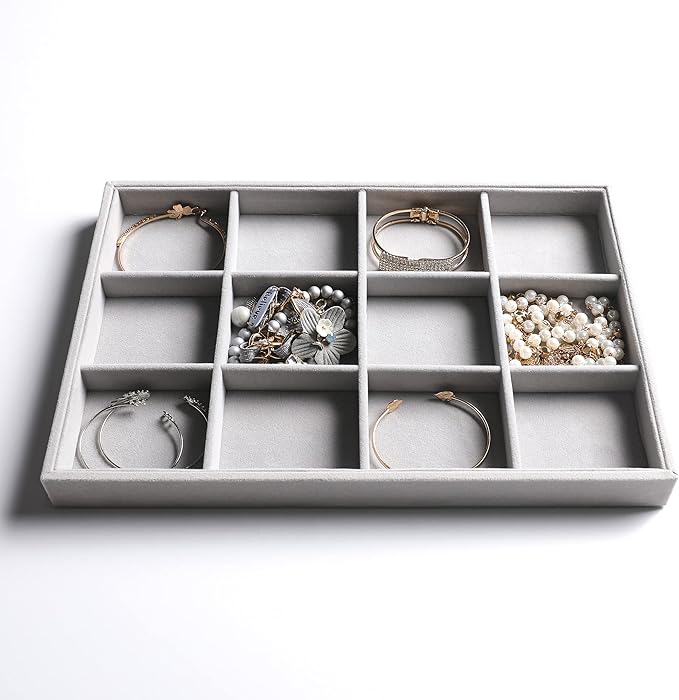 Frebeauty Stackable Velvet Jewelry Organizer Trays for Drawers Inserts Jewelry Storage Tray Display Case, Stud Earrings Bracelets Necklace Rings Trays for Women Girls(Set of 2)(Grey)