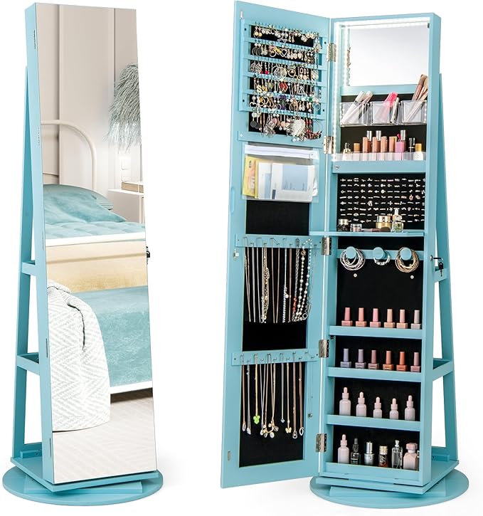 Mirror Jewelry Cabinet Standing with Full Length Mirror, 360° Swivel Jewelry Armoire with 3-Color LED Lights & Foldable Makeup Shelf, Lockable Organizer for Women, Space-Saving (Sky Blue)
