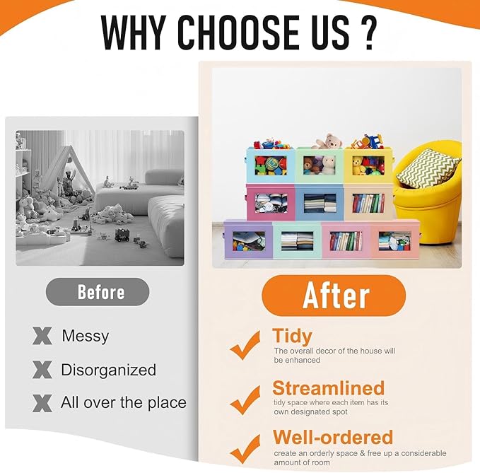 10 Pcs Fabric Storage Bins with Lid 14x10 Inch Stuffed Animal Storage Boxes with Window Handle Collapsible Cube Organizer Basket for Shelves Closet Bedroom Office Clothes Books (Pastel)