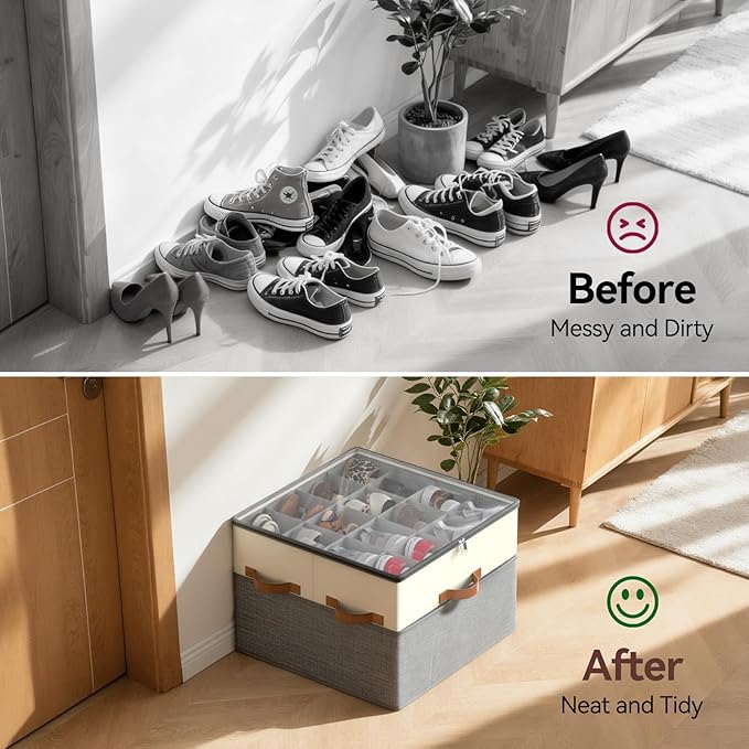 Lewondr Shoe Organizer for Closet, Foldable Shoe Storage Box with Adjustable Dividers and Clear Cover, Space Saving Shoes Holder with 4 Handles, Fits up to 32 Pairs, Beige+Gray