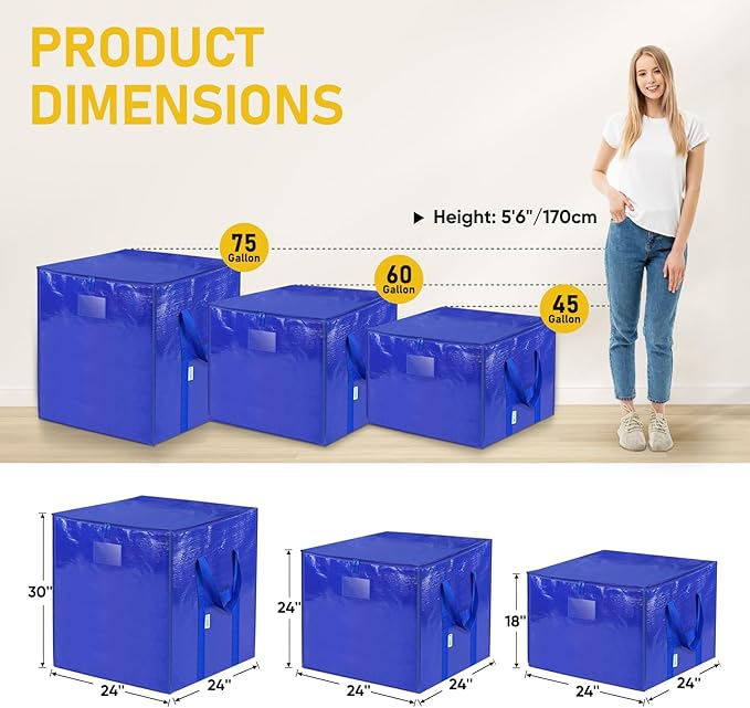 TICONN 2 Pack Extra Large Moving Bags with Zippers & Carrying Handles, Heavy-Duty Storage Tote Moving Boxes for Space Saving (2 PK, 75 Gallon)