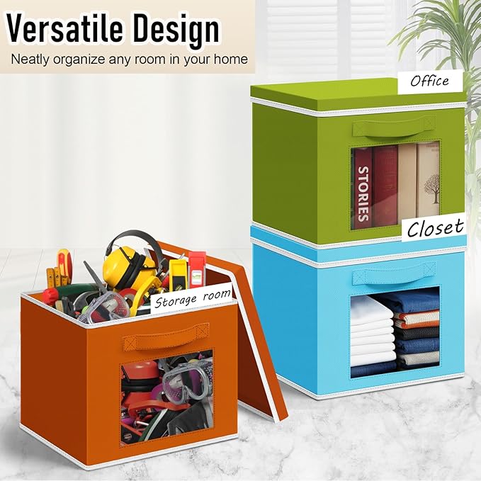 10 Pcs Fabric Storage Cube with Lid 11x11 Inch Fabric Storage Bins with Window Handle Collapsible Cube Organizer Basket for Shelves Closet Bedroom Office Clothes Book Stuffs (Rainbow)