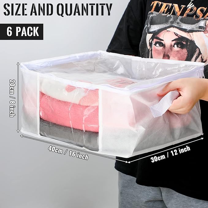 Sadnyy 6 Pcs Clear Storage Bags Zippered Plastic Clothes Containers Case Fabric Blanket Organizer Large Sweater Storage Bins with Handles for Cloth Bedding Sheets Closet Toys(16 x 12 x 8 Inch,White)