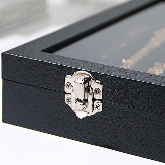 14 Hooks Necklace Storage Tray, Velvet Neckalce Organizer Box with Clear Lid, Pendant Chain Necklace Jewelry Organizer Drawer Tray for Women Girls (Black)