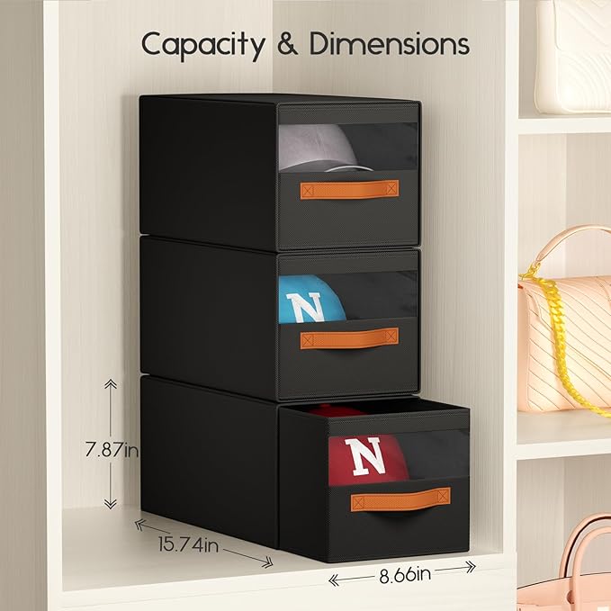 Hat Organizer for Baseball Caps - 3 Pack Pull-Out Drawer Hat Storage Organizer Box with Clear Window, Stackable Closet Cap Holder, Baseball Cap Organizer for Closet, Bedroom, Home, Black