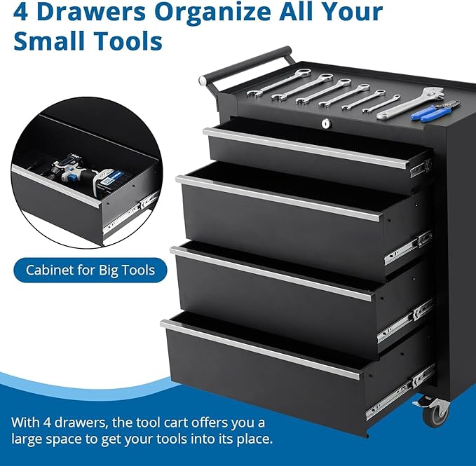 Rolling Tool Box with Wheels, 4 Drawer Tool Storage Cabinet, Portable Toolbox Organizer with Lock, Heavy Duty Tool Chest Cart for Garage, Mechanic, Workshop, Shop, Mobile Tool Organizer, Black