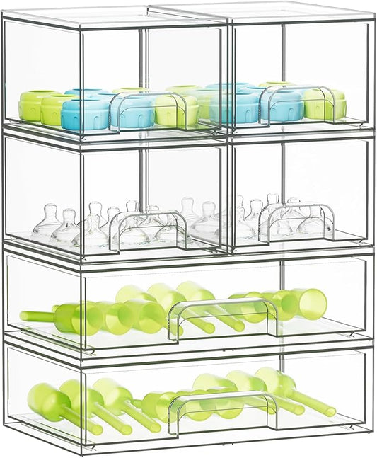 SpaceAid Bottle Storage Organizer Baby - Acrylic Bottles Station Organizer Container, Stackable Clear Drawers for Countertop, Vanity, Bathroom, Cabinet, Pantry Organization, 6 Pack, 4S2L, 15.6"H