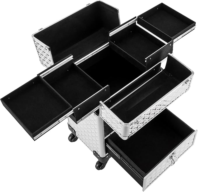 Makeup Rolling Case, Professional Rolling Nail Case Wheeled Manicure Storage Case Polish Organizer w/ Universal Wheels, Portable Adjustable Studio Travel Cart for Nail Technicians Hairstylist (Sliver)