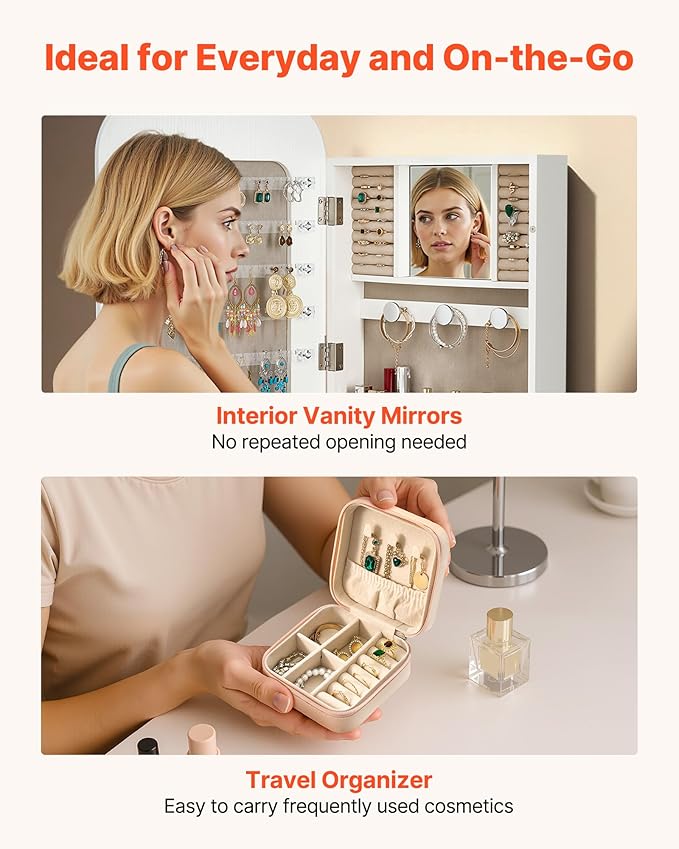 VEVOR Mirror Jewelry Cabinet, 42.5-inch Tall, Full-Length Mirror with Storage, Wall Mount/Over the Door Jewelry Armoire Organizer, Rounded Design, Lockable with 2 Keys and a Travel Organizer, White