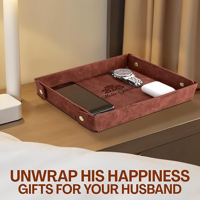 Personalized Light Coffee PU Leather Valet Tray – Custom Engraved Catchall for Desk, Dresser, or Nightstand – Compact Organizer for Keys, Wallet, Jewelry – Unique Gift for Him or Her