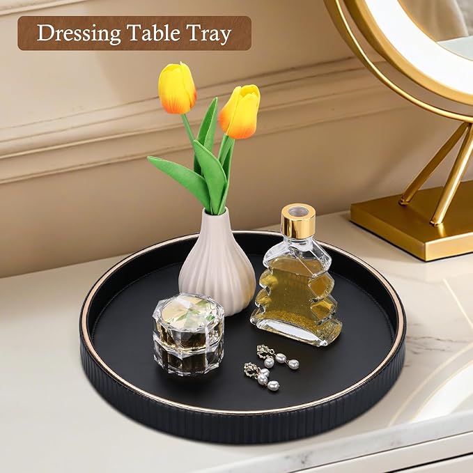 GORESE 12" Decorative Tray for Home Decor, Round PU Leather Coffee Table Tray Table Centerpiece for Living Room, Dresser, Vanity, Valet Tray Nightstand Organizer for Trinket Perfume Key, Black