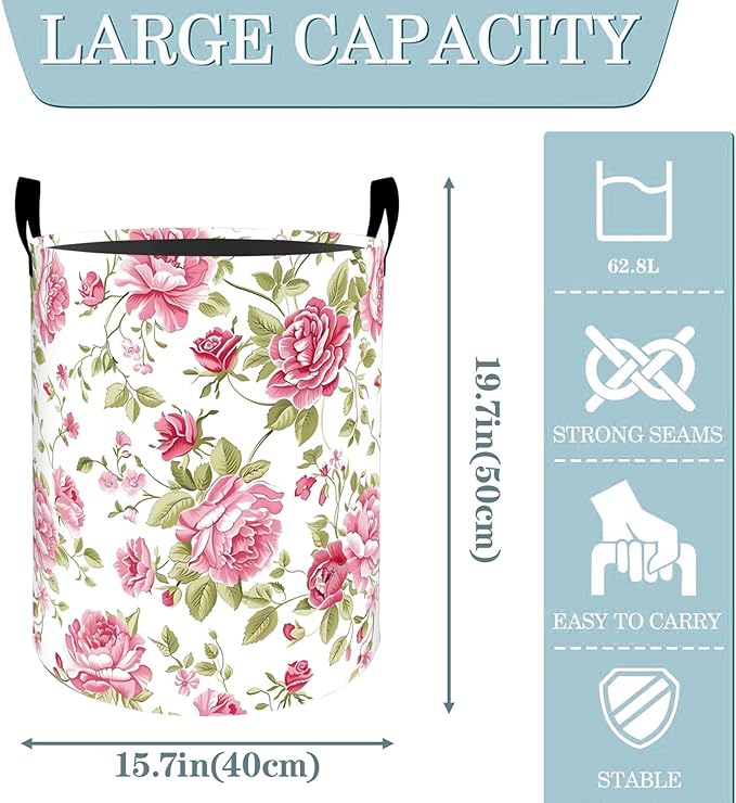 Classic Rose Floral Laundry Basket, Dirty Collapsible Clothes Toy Organizer Hamper for Kids Adults, Oxford Cloth Waterproof Storage Bin for Bedroom Bathroom Home Decor Gifts, 19.7"X15.7"