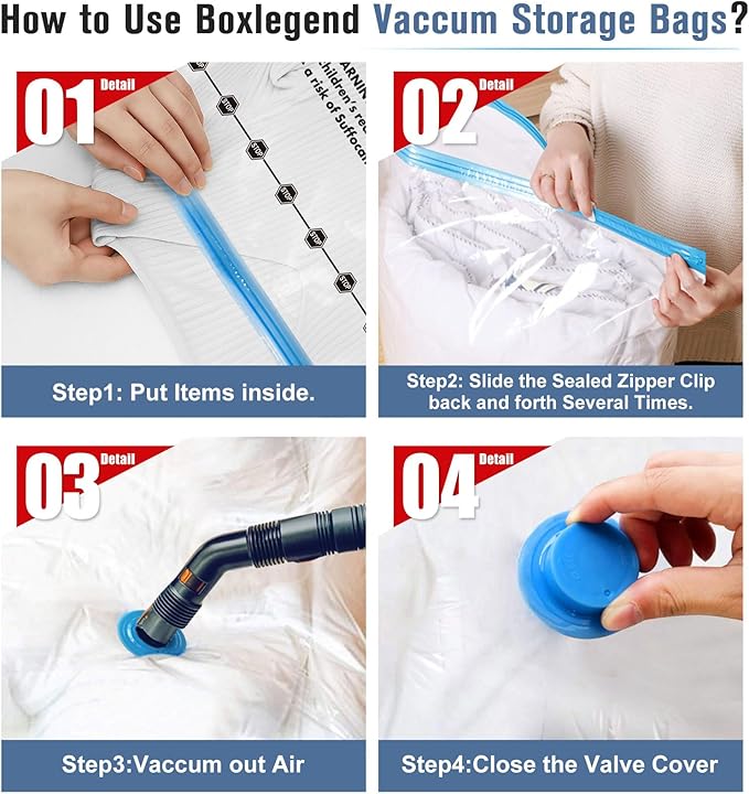 BoxLegend Vacuum Storage Bags 10 Combo Vacuum Pack Bags Space Saving Double Zipper Seal & Leak Valve Reusable for Clothes Pillow Comforters Bedding,2XL, 2L, 6S, 1 Large Pump
