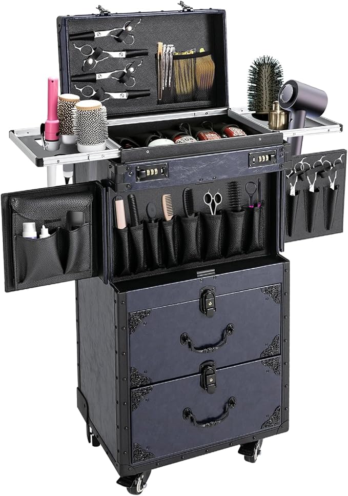 Rolling Makeup Case, Professional Cosmetic Train Case Trolley Roll Travel Box Large Capacity Salon Travel Case for Makeup Artist, Hairstylists, Nail Tech Makeup (Style 1)