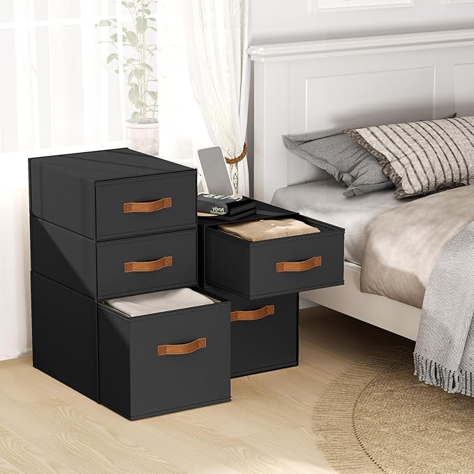 DIMJ Closet Organizers and Storage - Fabric Storage Bins with Drawers Stackable Closet Bins with Labels for Clothes, Sweaters, Bedding, Collapsible Storage Cubes for Bedroom, Living Room, Shelf