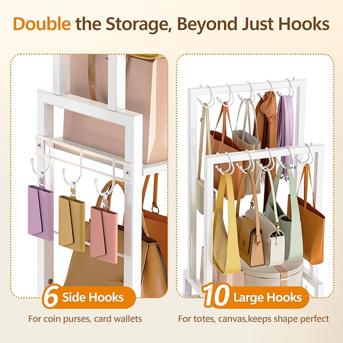 Tall Purse Organizer for Closet with 10 Purse Hanger & 6 Side Hooks,Floor-Standing Purse Rack Stand for Purse Storage,Narrow & High-Capacity Handbag Organizer,Multi-Purpose Purse Shelf for Small Place