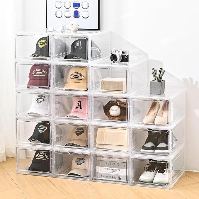 Hat Organizer Box,Stackable Clear Baseball Caps Holder Box Containers with Magnetic Door for Hats Snapback Cap Storage,Clear Hat Storage with Magnetic Door, Holds 40 Hats (clear, 4 pack)