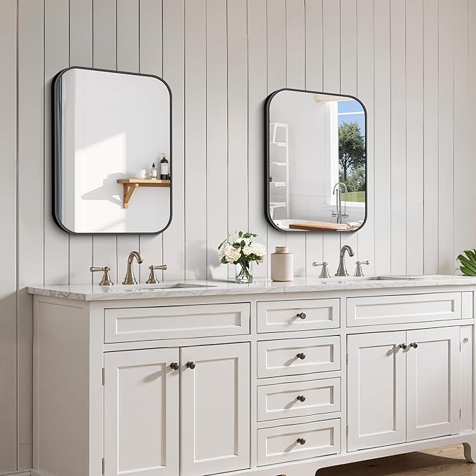 FORBATH Bathroom Mirror for Over Sink 18x24 Inch Black, Rectanglar Wall Mirror with Metal Frame, Rounded Corners for Bathroom, Bedroom, Entryway Decor (Horizontal or Vertical)