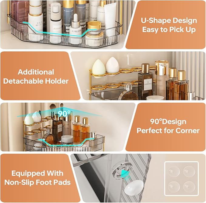 Corner Bathroom Counter Organizer with Makeup Brush Holder & Toothbrush Holders, Makeup Organizer for Vanity Countertop, Acrylic Skincare Storage Shelf (Grey, 3-Tier)