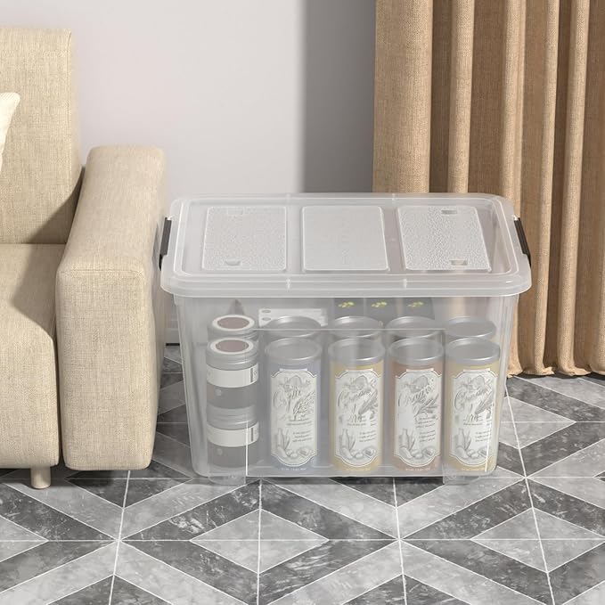 70 L Clear Storage Bin with Wheels, Extra Large Plastic Latching Storage Box, 4 Pack