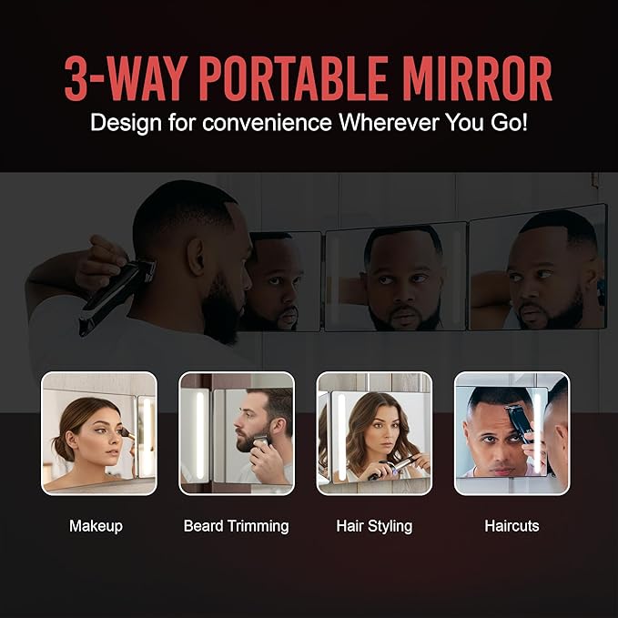 Self-Cut System 3 Way Mirror with LED Lights – Trifold Self Cut Barber Mirror for Men and Women, 360 View for Easy Haircuts, Travel Friendly - Three Way Design for Grooming and Styling