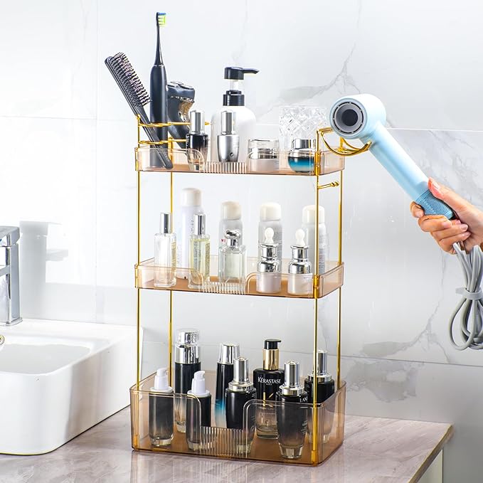 3 Tier Bathroom Organizer Countertop Makeup Perfume Tray Skincare Organizer Comes with Hair Dryer Rack and Toothbrush Holder for Bathroom Dresser Vanity (Gold)